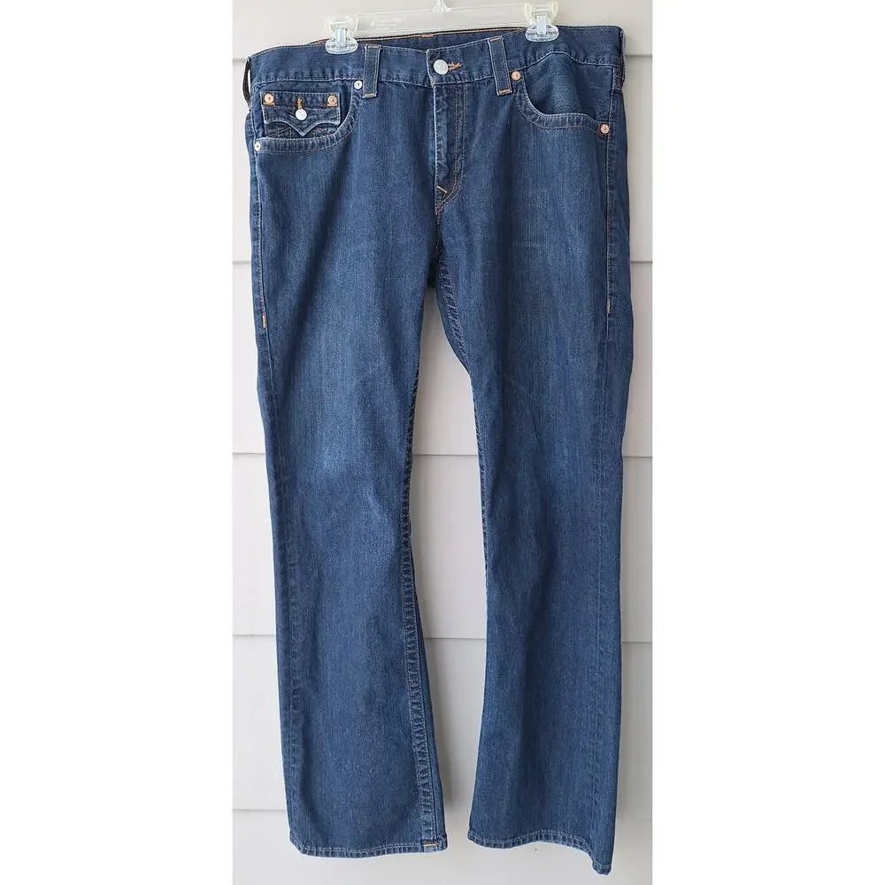 True Religion World Tour Men's Straight Flap Blue Jeans 100% Cotton Size 38x33